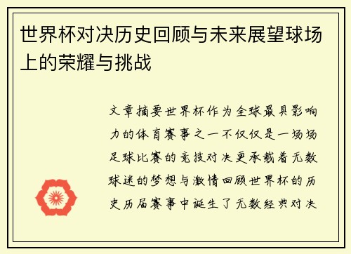 世界杯对决历史回顾与未来展望球场上的荣耀与挑战