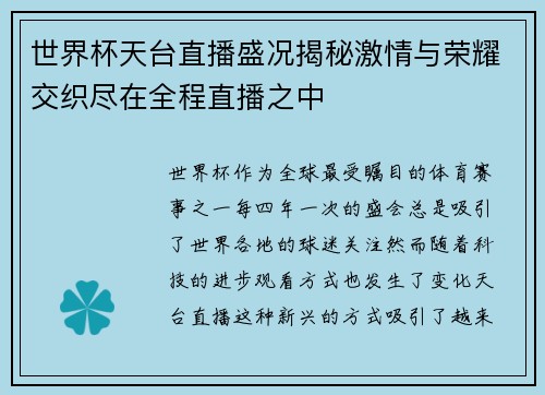 世界杯天台直播盛况揭秘激情与荣耀交织尽在全程直播之中