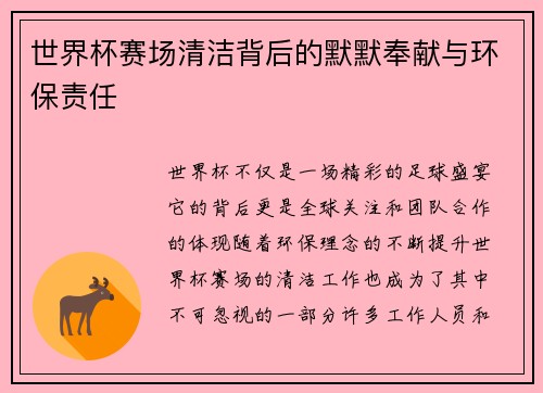 世界杯赛场清洁背后的默默奉献与环保责任