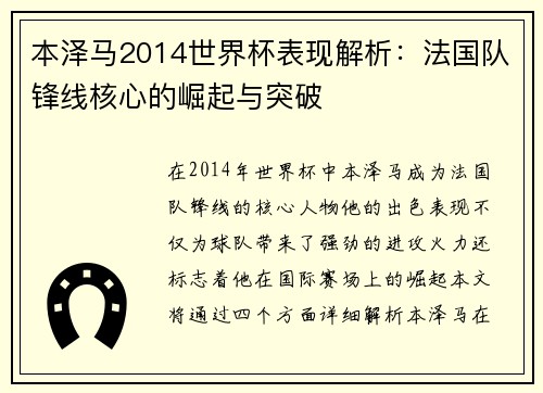 本泽马2014世界杯表现解析：法国队锋线核心的崛起与突破